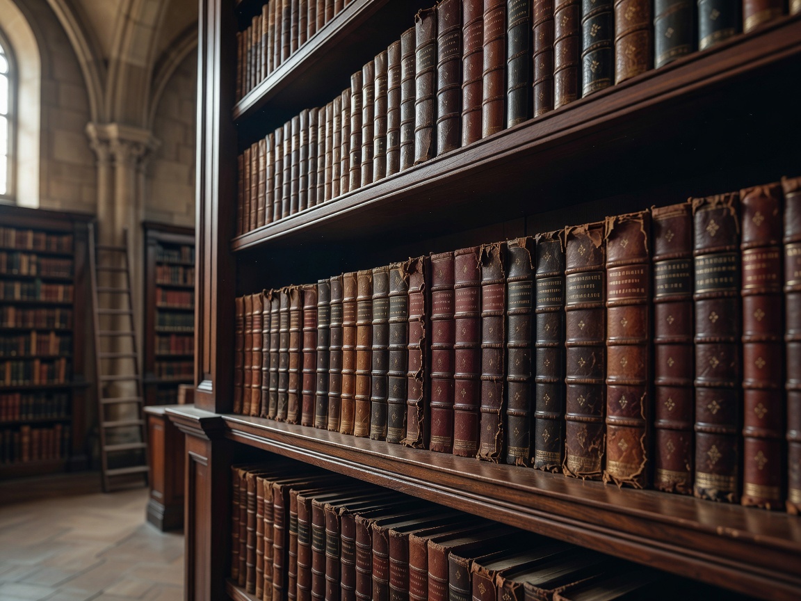 Antique books leather bound on wooden shelf in library