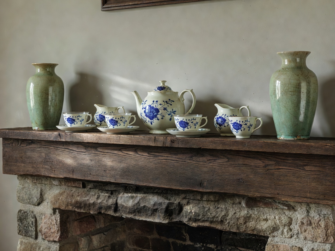 Antique porcelain tea set and ceramic vases on mantelpiece