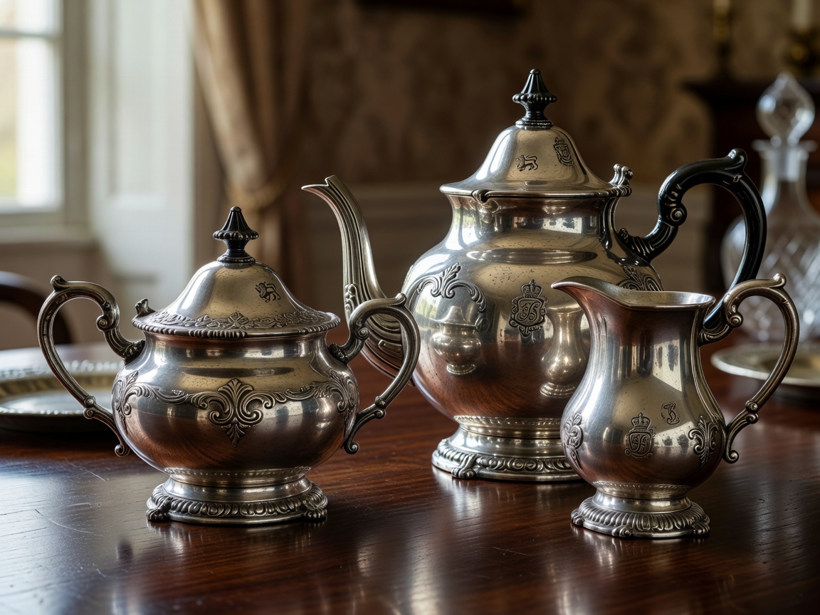 Close-up of antique hallmarked British silver tea service