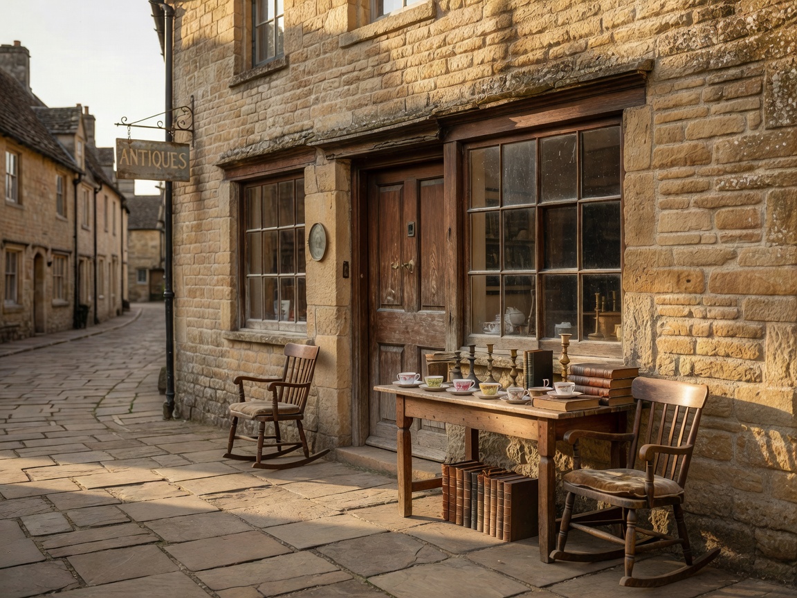 Cotswold stone antique shop exterior in Stow-on-the-Wold