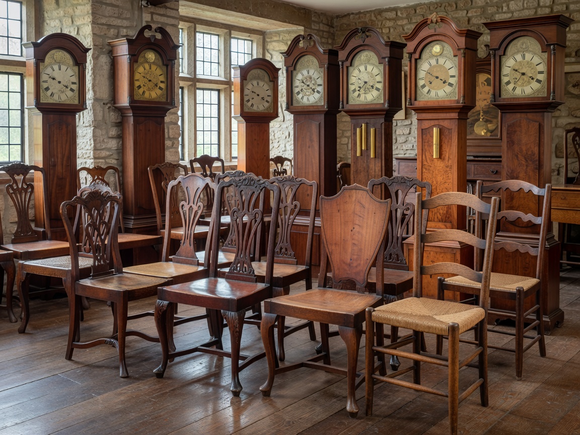 Cotswolds antique showroom with Georgian wooden chairs and grandfather clocks