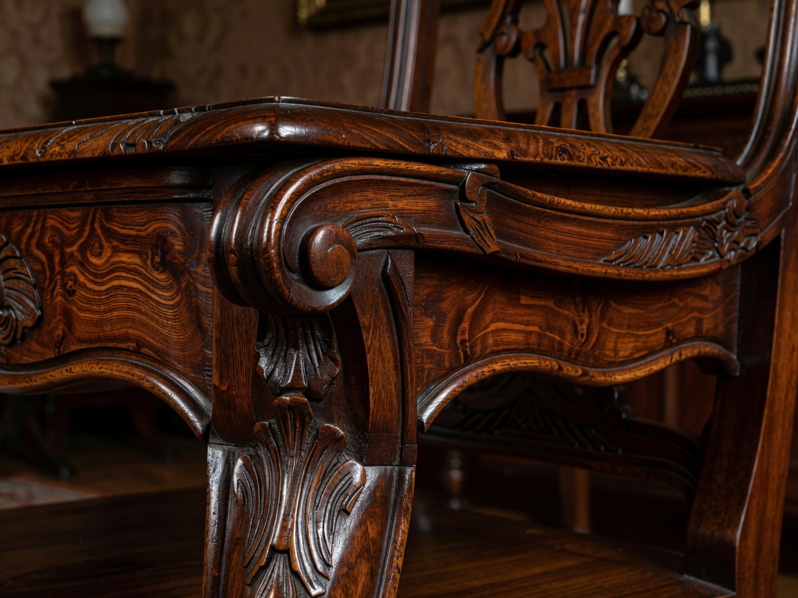 Victorian wooden furniture detail and rustic country pieces at antique fair